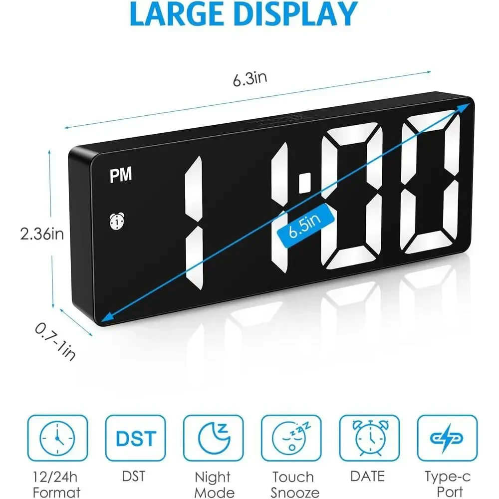 Digital Alarm Clock LED Type C or AAA Battery Operated Snooze 12/24H Mirror